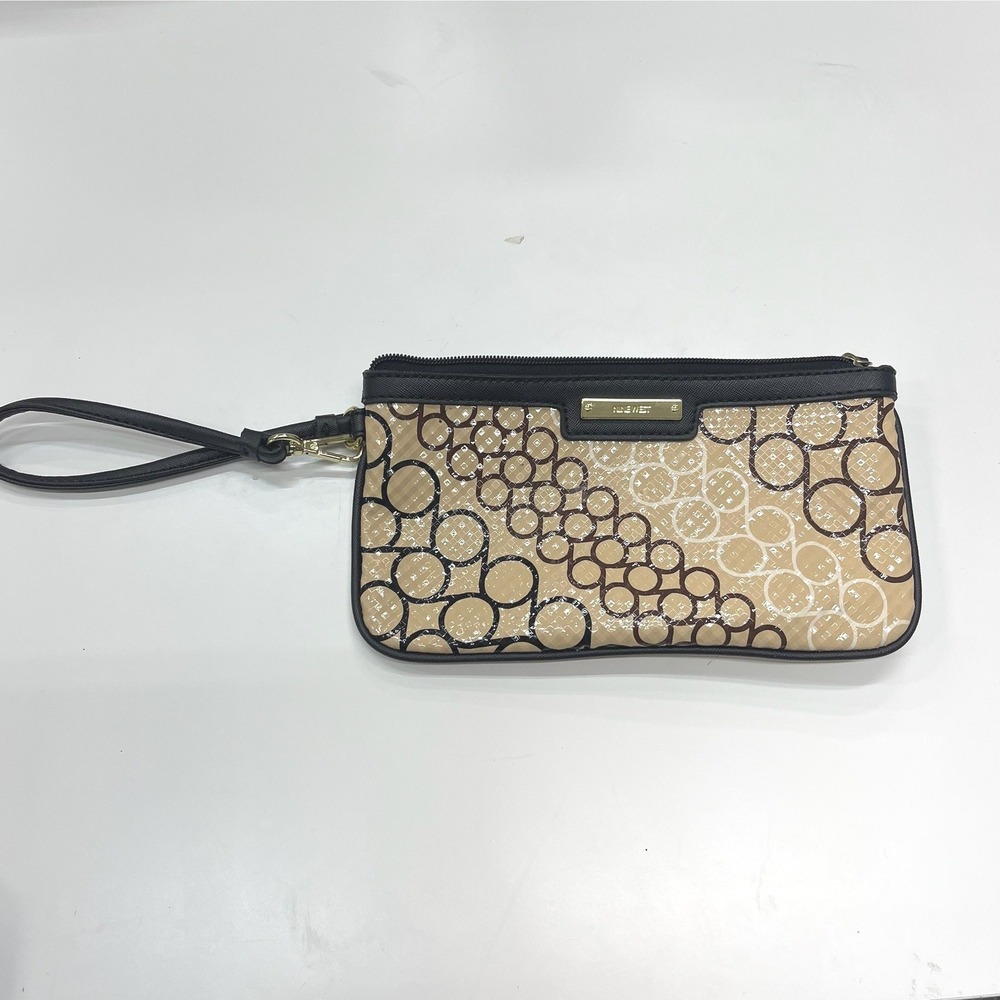 Nine West‎ Wristlet Clutch Tan Brown Geometric Circle Pattern Gold Logo Zip Bag